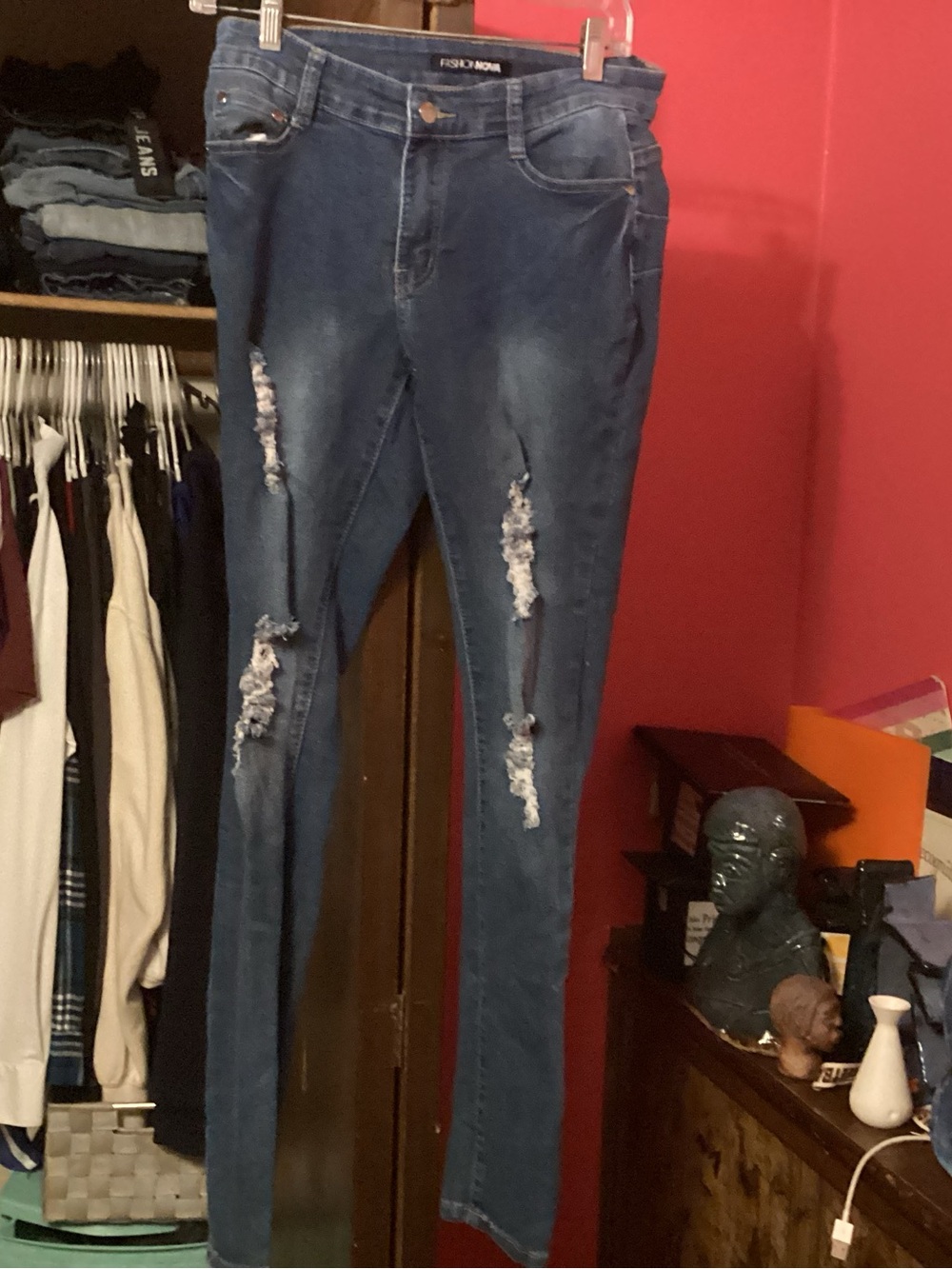 Fashion Nova Dark Blue Distressed Skinny Jeans